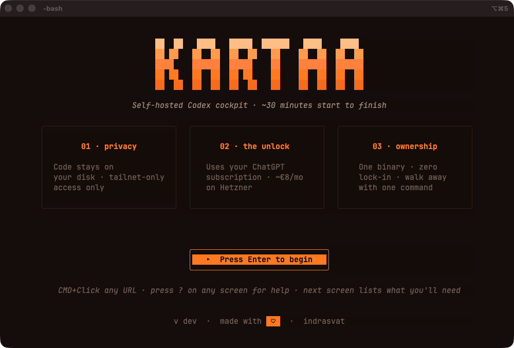 kartaa-install Welcome screen — KARTAA banner in orange block letters, three boards (privacy, the unlock, ownership), and a Press Enter to begin pill
