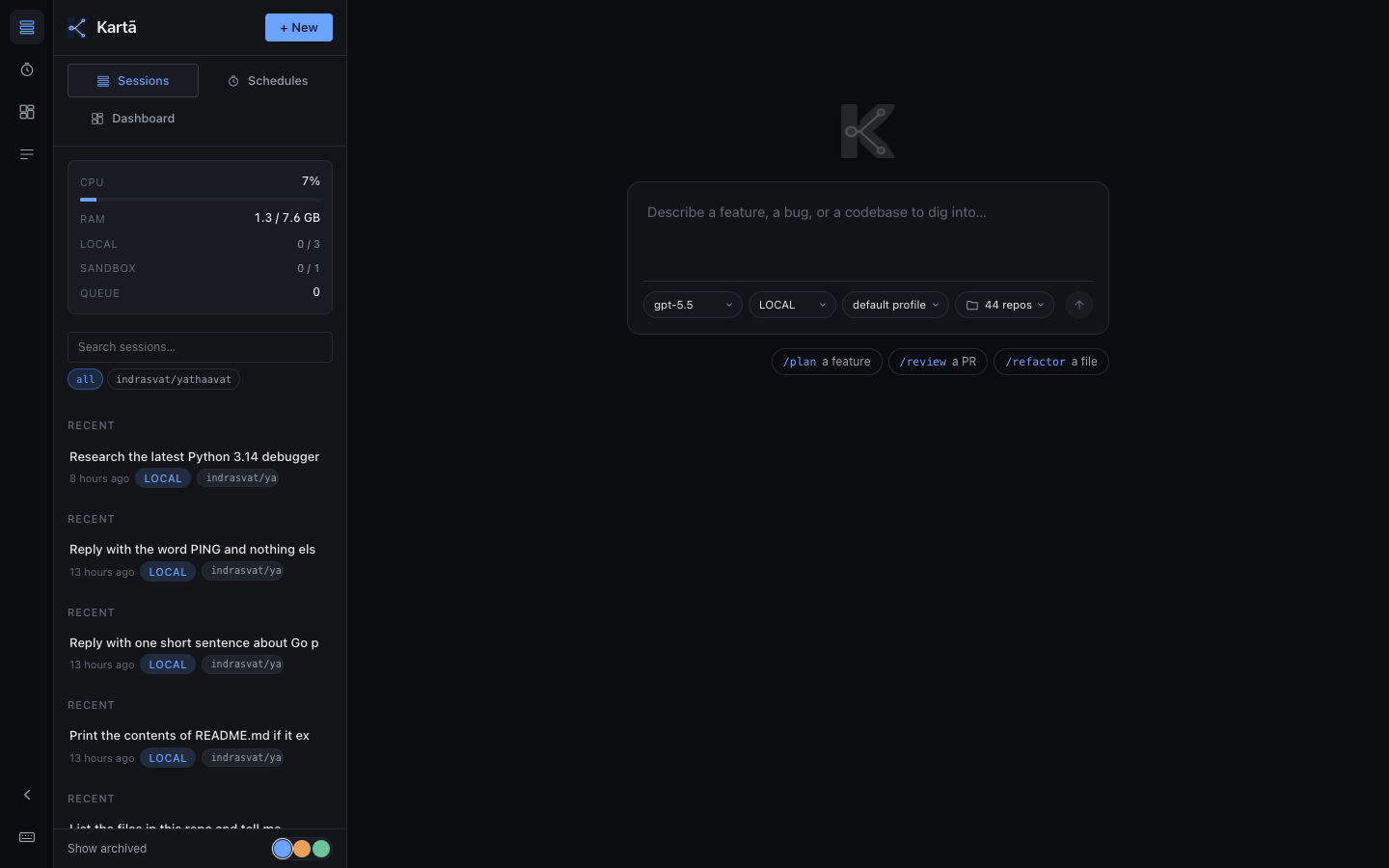 Home page — sessions sidebar, repo chips, command palette ready