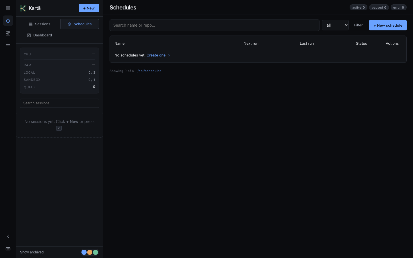 Schedules tab — recurring task list, status counters, filter by repo