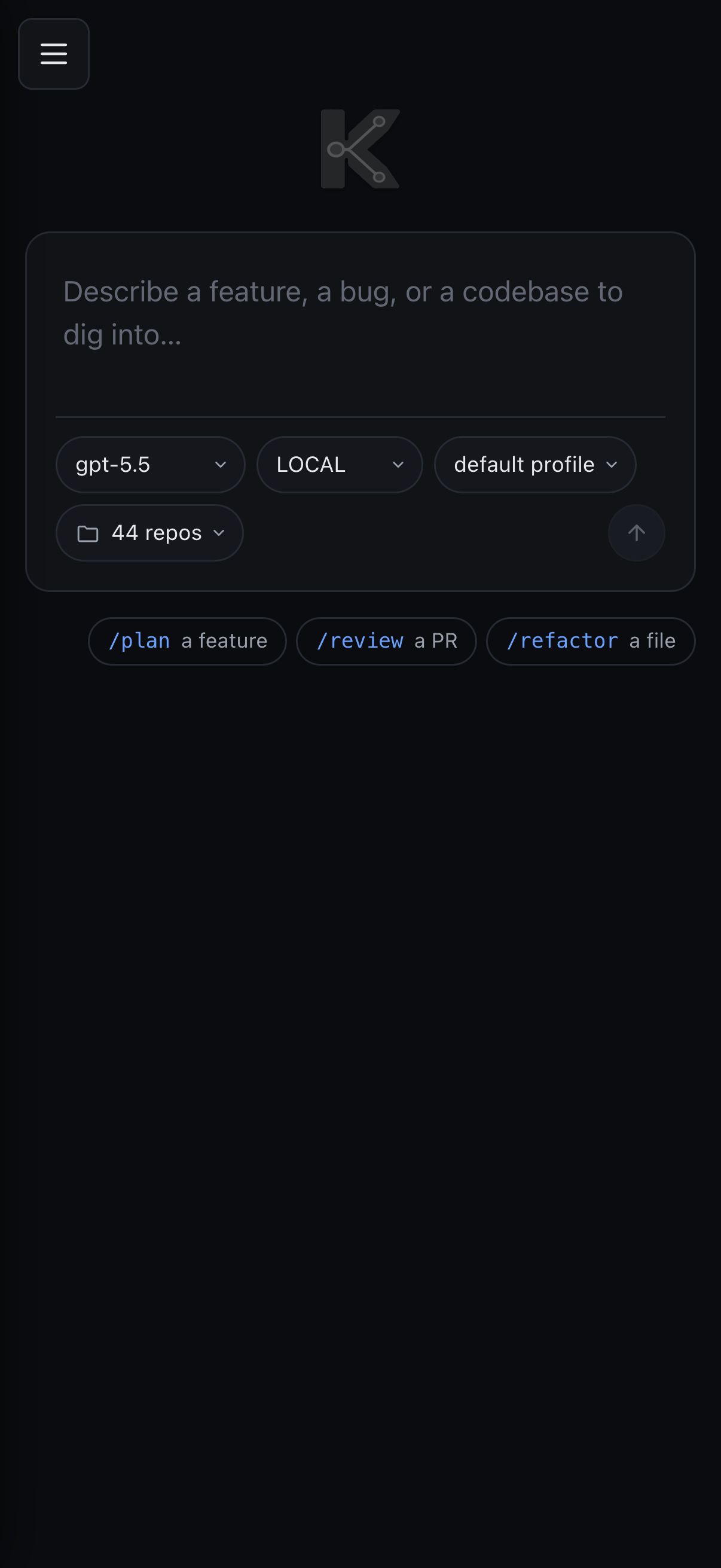 Mobile home — clean composer, hamburger nav, slash chips