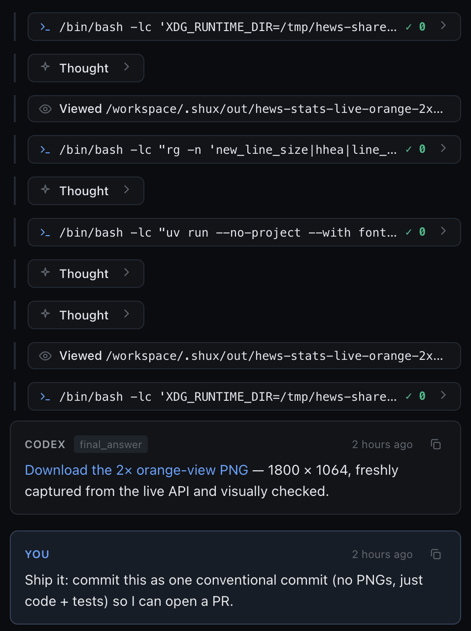 A session mid-turn: codex's commentary between pills for each thought, command run and image viewed, with a check or an exit code on every command